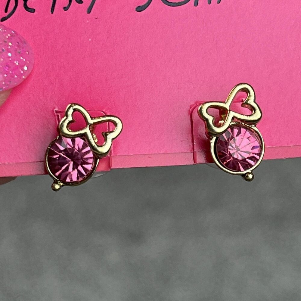 Betsey Johnson Pink Bow Stud Earrings Gold Tone Rhinestone Womens Jewelry Cute - Picture 5 of 7